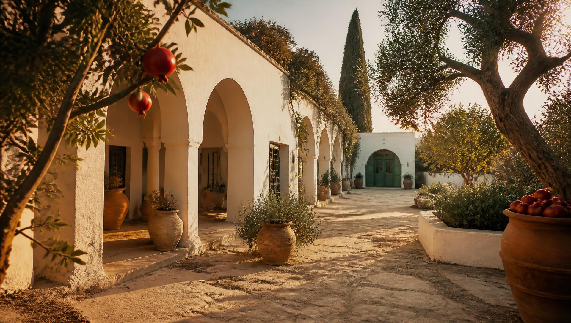 Sunlit arched courtyard of a Tunisian retreat villa at golden hour