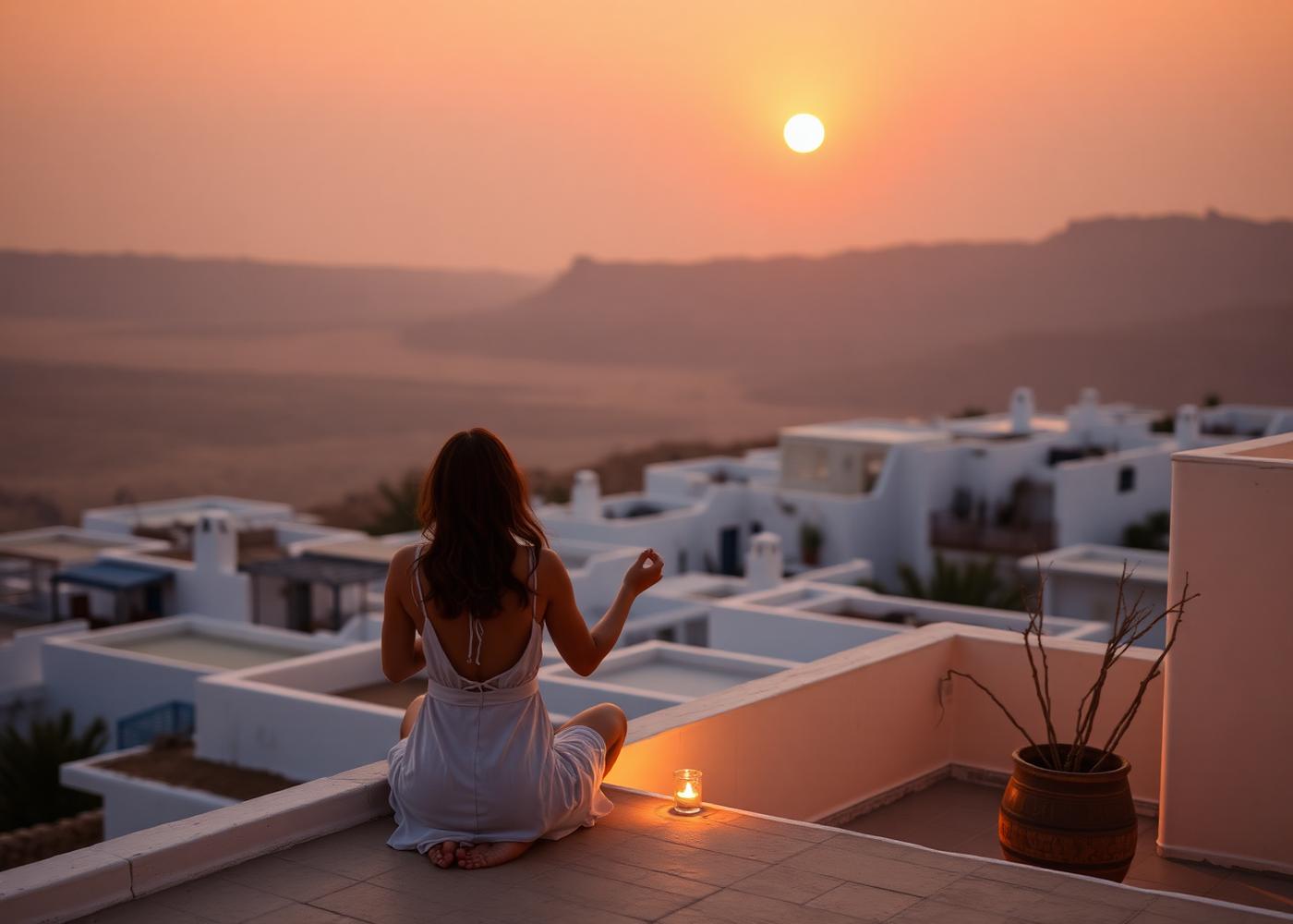 Sunrise over a white village on the Tunisian coast